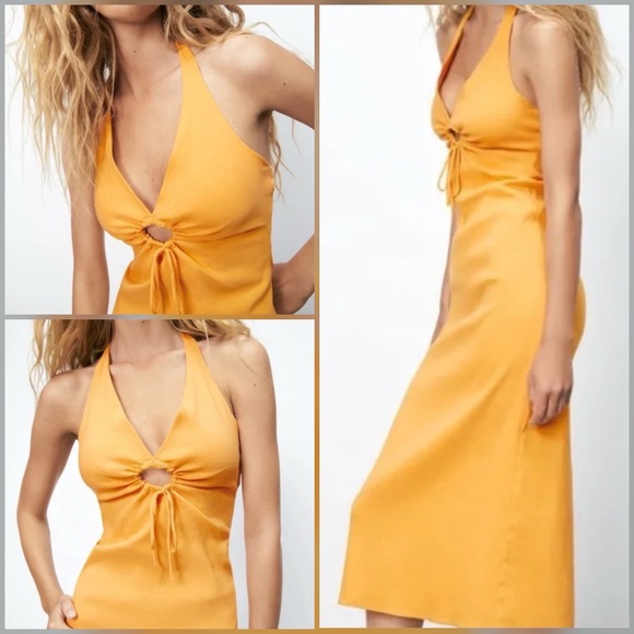 Zara Tangerine Halter Maxi Dress Front Cut-Out Linen Blend Open Back Size M - Picture 5 of 5